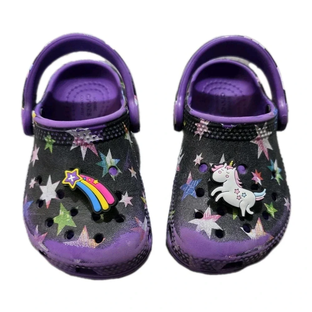 Crocs Toddler 6C Star Print Clogs Purple Waterproof Unicorn Rainbow‎ Jibbitz
